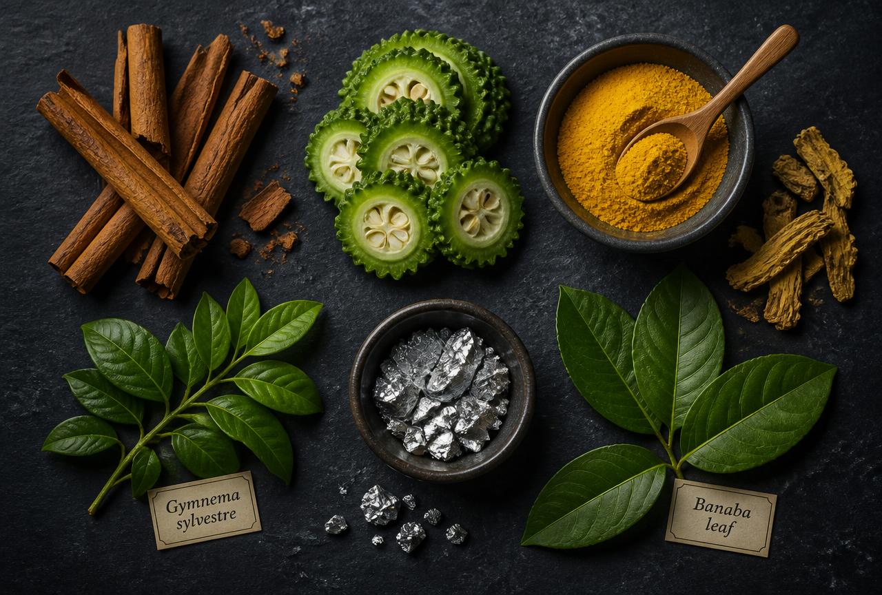 Cinnamon bark, bitter melon, berberine, chromium, gymnema and banaba leaf ingredients