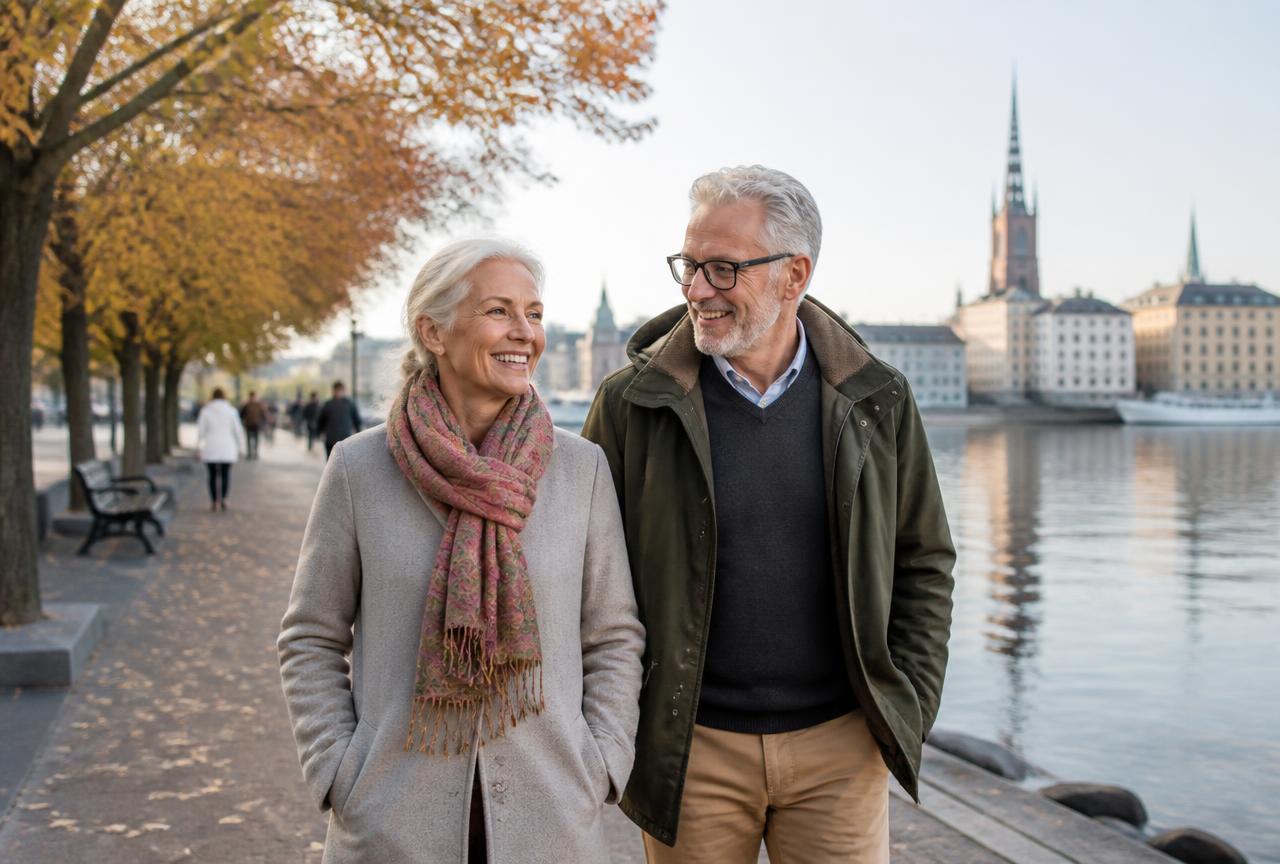 Swedish couple in their fifties walking along the Stockholm waterfront in autumn