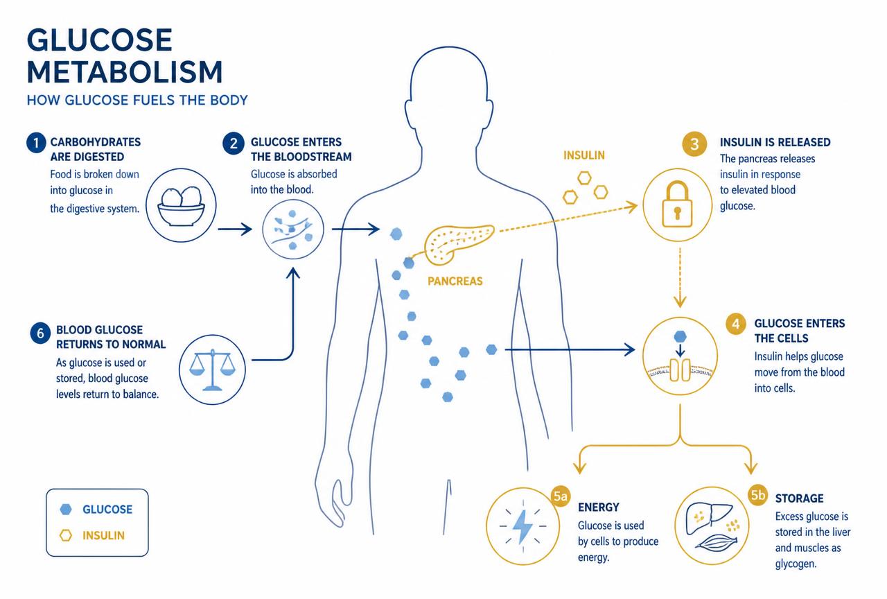 Infographic explaining glucose metabolism, insulin release and cellular uptake